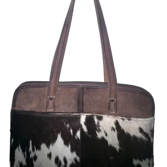 STS Ranchwear Cowhide & Leather Tote Bag With Pockets 18x13 Inches Brown & White - Picture 4 of 10